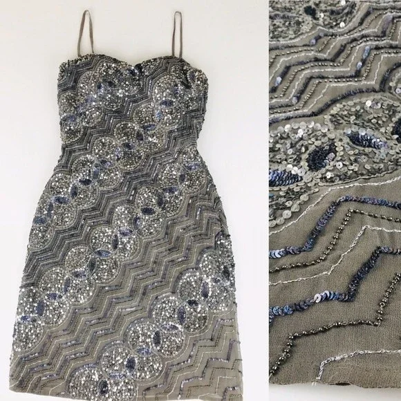 SCALA Sequin Beaded Embellished Chain Metallic Strapless Cocktail Prom Dress 0 - Picture 5 of 10